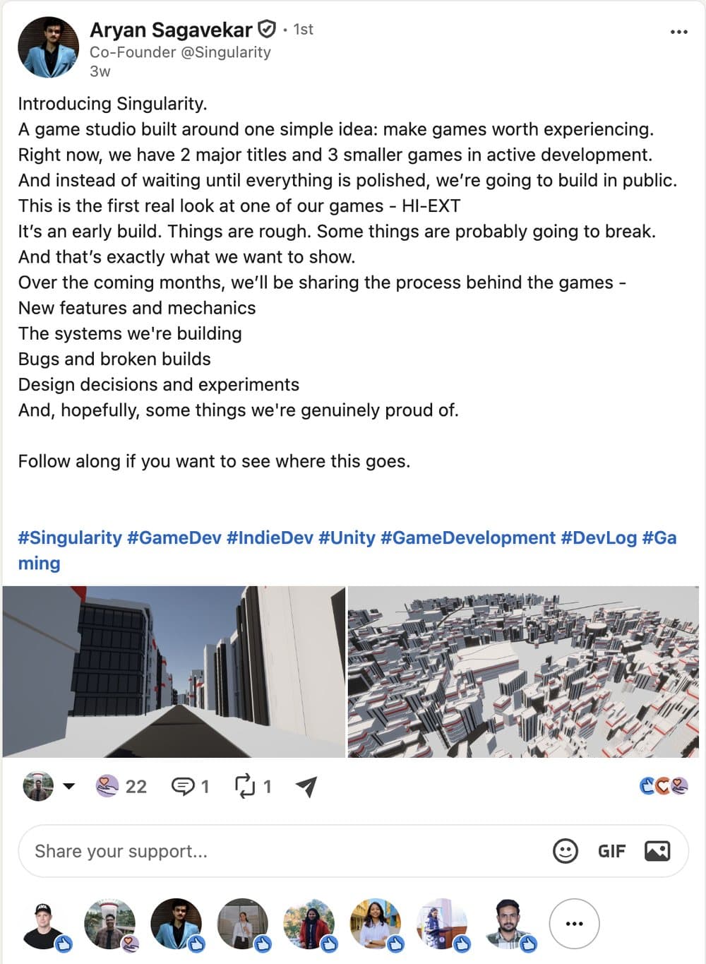 LinkedIn post by Aryan Sagavekar introducing Singularity, a game studio building in public.
